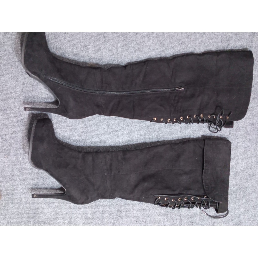 Women's Black Over The Knee Boots Size 8.5 Faux Suede Lace Up Stiletto Heels